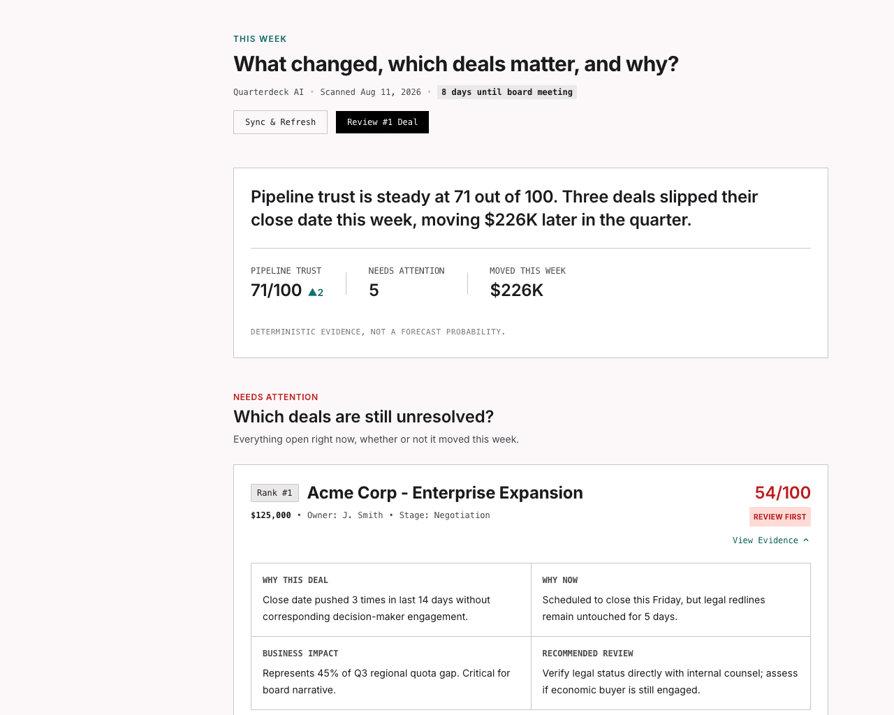 Quarterdeck AI weekly revenue briefing interface